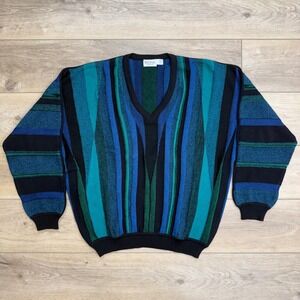 St.Croix‎ Knits Wool Sweater V Neck Textured Blue Vintage Eclectic Grandpa Coogi